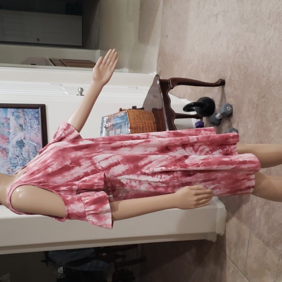 Entro L flutter sleeve cold shoulder tie dye mini super soft shift dress - Picture 5 of 7